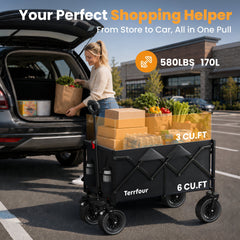 Terrfour Collapsible Folding Wagon, 560LBS Portable Heavy Duty Utility Cart for Grocery, Shopping, Garden, Sports, Camping, Black